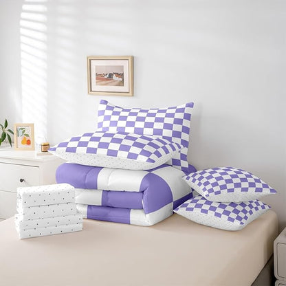 Feelyou Checkered Retro Comforter Set with Sheets 7 Piece Twin Size Purple Plaid Bedding Set for Kids Boys Girls Geometric Vintage Bed in a Bag Modern Simple Groovy Aesthetic Room Decor Soft