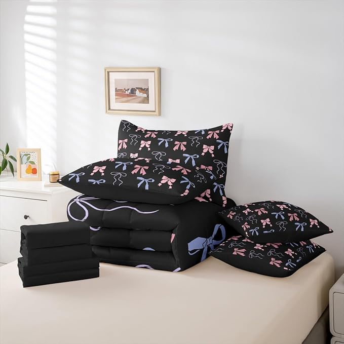 Erosebridal Bow King Comforter Set Ribbon 7-Piece Bed in A Bag Sweet Dreamy Kawaii Bowknot Fairy Sheets and Pillowcases Pink Black Bed Sets