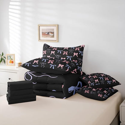 Erosebridal Bow King Comforter Set Ribbon 7-Piece Bed in A Bag Sweet Dreamy Kawaii Bowknot Fairy Sheets and Pillowcases Pink Black Bed Sets