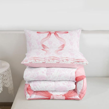 Feelyou Pink Bow Comforter Set All Season Floral Flower Bedding Set with 1 Pillow Cases Cute Bowknot Microfiber Kids Toddler Bedclothes Romantic Bedroom Decor Duvet Quilt Breathable Soft Lightweight