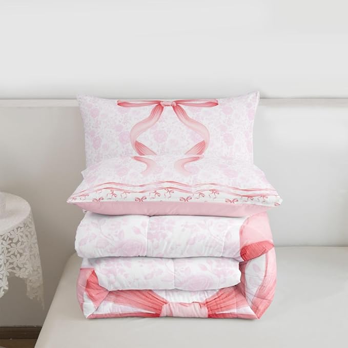 Feelyou Pink Bow Comforter Set All Season Floral Flower Bedding Set with 2 Pillow Cases Cute Bowknot Microfiber Kids King Bedclothes Romantic Bedroom Decor Duvet Quilt Breathable Soft Lightweight