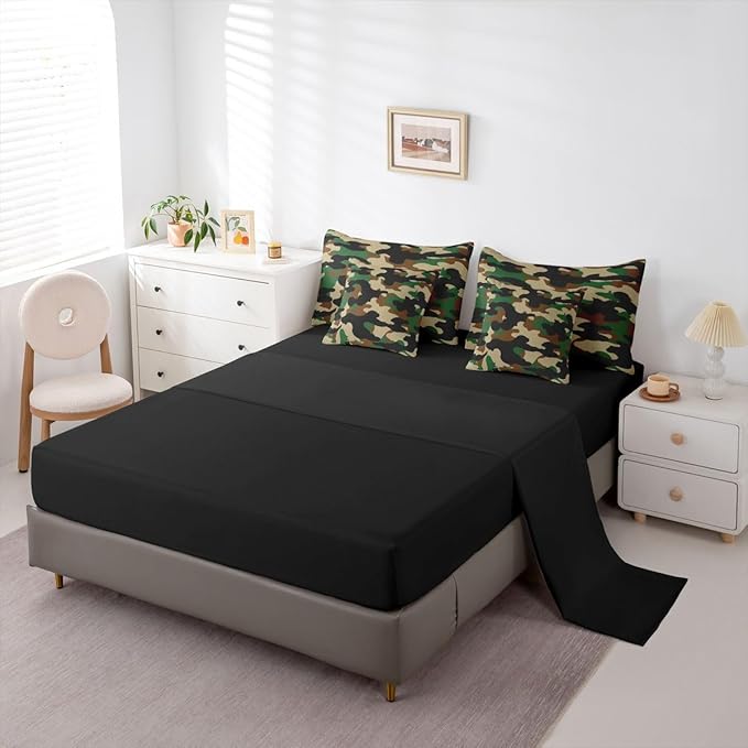 Erosebridal Camouflage 7 Piece Bedding Set King Camo Comforter Set with Sheets Dark Green Brown Black Bed in a Bag Rustic Farmhouse Abstract Bed Sets Comforter