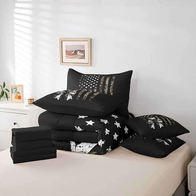 Erosebridal Bow King Comforter Set Camouflage 7-Piece Bed in A Bag Pigeons Birds Bowknot American Flag Sheets and Pillowcases Black White Green Bed Sets