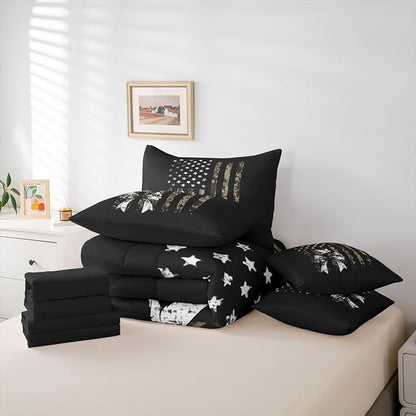 Erosebridal Bow King Comforter Set Camouflage 7-Piece Bed in A Bag Pigeons Birds Bowknot American Flag Sheets and Pillowcases Black White Green Bed Sets