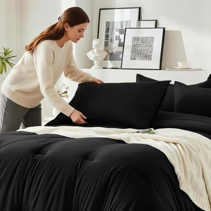 King Size Comforter Set 7 Pieces - Soft Bed in a Bag King Bed Set Black, Cozy Luxury Bedding Sets with All Season Comforter, Flat Sheet, Fitted Sheet, 2 Pillowcases & 2 Shams