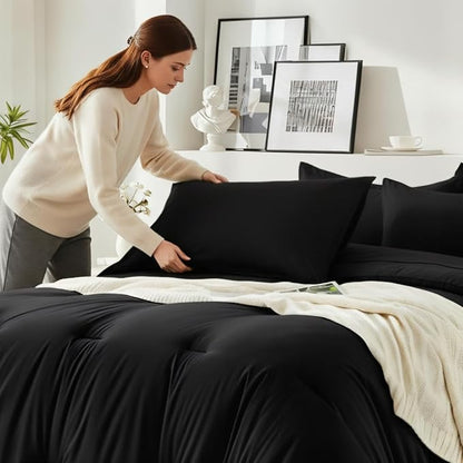 Queen Comforter Set 7 Piece - Black Soft Bed in a Bag Queen Size Comforter Sets, Cozy Luxury Bedding Sets with Down Alternative Comforter, Flat Sheet, Fitted Sheet, 2 Pillowcases & 2 Shams