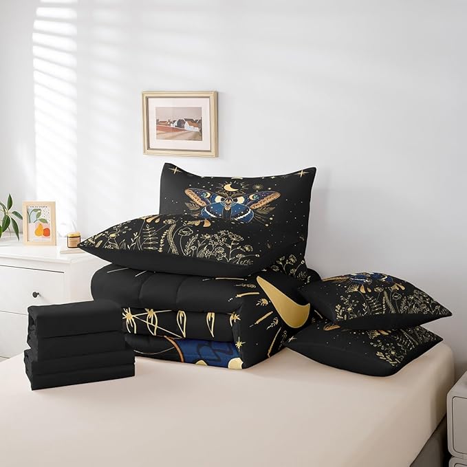 Erosebridal Butterfly 7 Piece Bed in a Bag Full,Flower Weed Botanical Comforter Set for Adult Women Men,Black Starry Sky Flat Fitted Sheet Boho Exotic Moon Star Reversible Bedding Set Room Decor