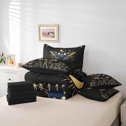 Erosebridal Butterfly 7 Piece Bed in a Bag Queen,Flower Weed Botanical Comforter Set for Adult Women Men,Black Starry Sky Flat Fitted Sheet Boho Exotic Moon Star Reversible Bedding Set Room Decor