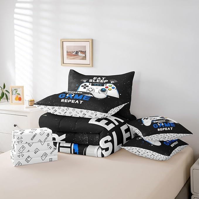 jejeloiu Eat Sleep Game 7 Piece Bedding Set King Size Cartoon Gamer Comforter Set with Sheets for Kids Boys Girls Modern Game Bed in a Bag Black Blue Bed Set