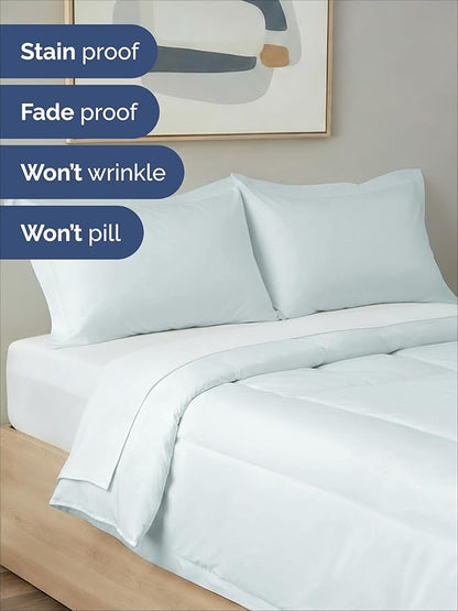 Queen Comforter Set - 3 Piece Bed Set for All Seasons - 1 Soft Quilted Comforter with Corner Tabs & 2 Pillow Shams - Comfy & Breathable - Premium Down Duvet Insert - Oeko-TEX - Queen Size, Ice Blue