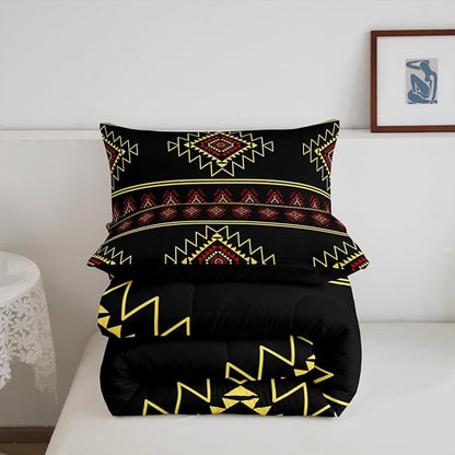 Western Aztec Queen Size Comforter Set, Native American Navajo Bedding Set for Boys Adult Teens, Southwestern Geometric Quilt Ethnic American Native Duvet Insert Rustic Farmhouse Decor,Black Yellow