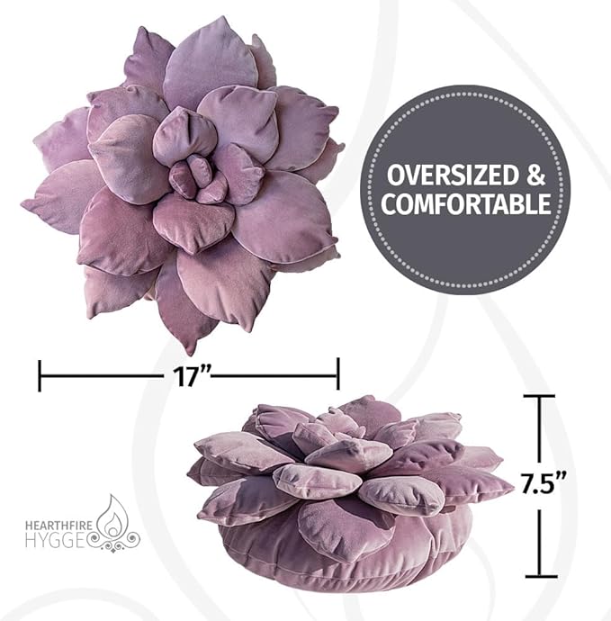 3D 17" Purple Cactus Flower Pillow | Hand-Stitched Flower Pillow for Bedroom, Living Room, and Nursery | Cozy Decorative Leaf Throw Pillow
