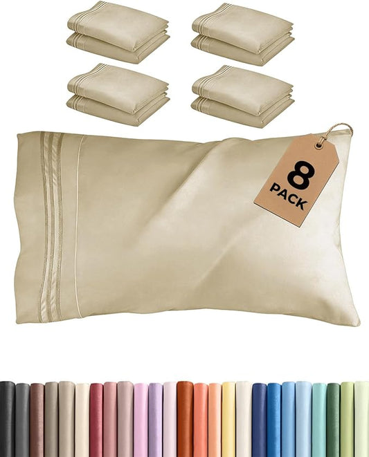 King Pillow Cases Set of 8 - Ultra Soft Hotel Quality Pillowcase Covers - Comfy & Wrinkle Free - Shrink, Stain and Fade Resistant - Easy-Care, Machine Washable Pillow Protectors - 8 Piece Set - Beige