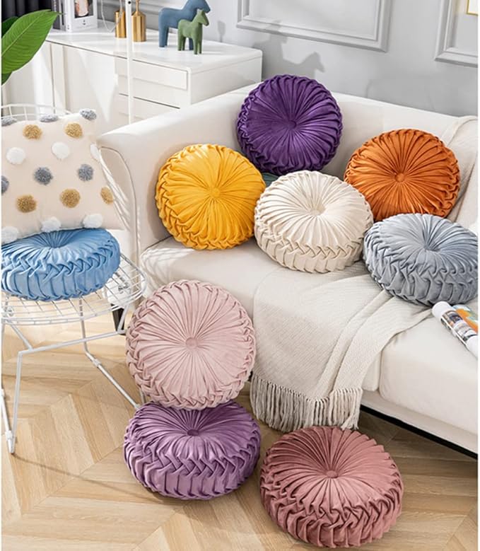 NatureMan 13.7 inch Round Sofa Cushion Pure Color Velvet Home Decor, Pleated Round Cushion, Pumpkin Pillow Suitable for Home Bed car Decoration (Pink)