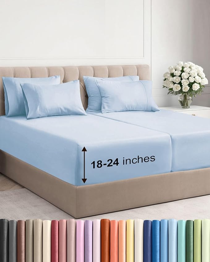 Extra Deep Split King Sheet Set - 7 Piece Breathable and Cooling Sheets - Hotel Luxury Bedding for Women, Men, Kids & Teens - Easy & Secure Fit - Soft and Wrinkle Free - Extra Deep Pockets - Sky Blue