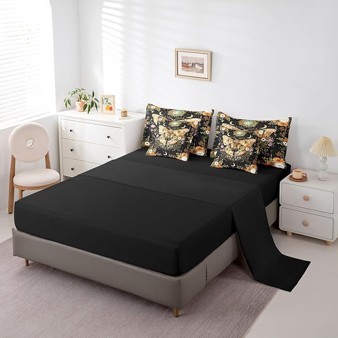 Feelyou Death Moth Print Bedding Set with Comforter, Boho Moth Comforter Queen Size 7Pcs Halloween Decorations Bed in a Bag with Comforter, Sun Moon Bohemian Flat Sheet, Fitted Sheet, Pillowcases