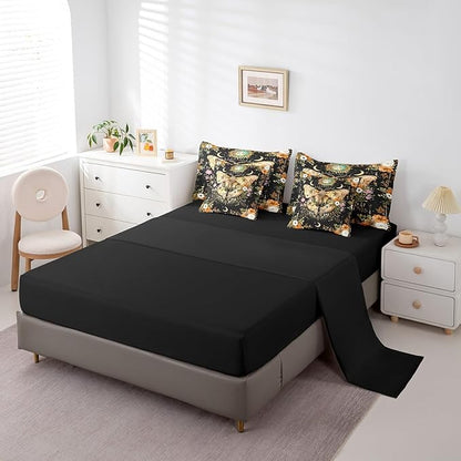 Feelyou Death Moth Print Bedding Set with Comforter, Boho Moth Comforter Queen Size 7Pcs Halloween Decorations Bed in a Bag with Comforter, Sun Moon Bohemian Flat Sheet, Fitted Sheet, Pillowcases