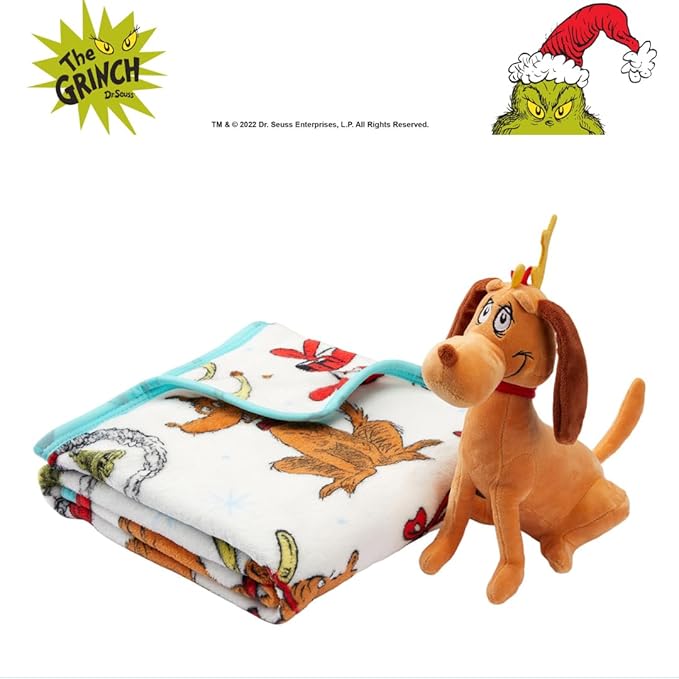 Dr. Seuss The Grinch Max Dog Holiday & Christmas Kids Bedding Super Soft Plush Pillow and Throw 2 Piece Set, 40 in x 50 in (Officially Licensed Product) by Franco