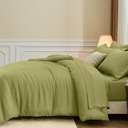 FUANNA Twin XL Comforter Set Olive Green, 5 Pieces Soft Twin XL Size Bedding Sets, All Season Lightweight Bed in a Bag with Comforter, Flat Sheet, Fitted Sheet, Pillowcase & Sham