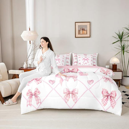 Erosebridal Bow Love Hearts Checkered Pink Full Comforter Set 7 Pieces | White Lines Plaid Bed in A Bag for Bedroom Kawaii Cute Ribbon Kids Bedding Set with Comforters Bowknot Women Teens Room Decor