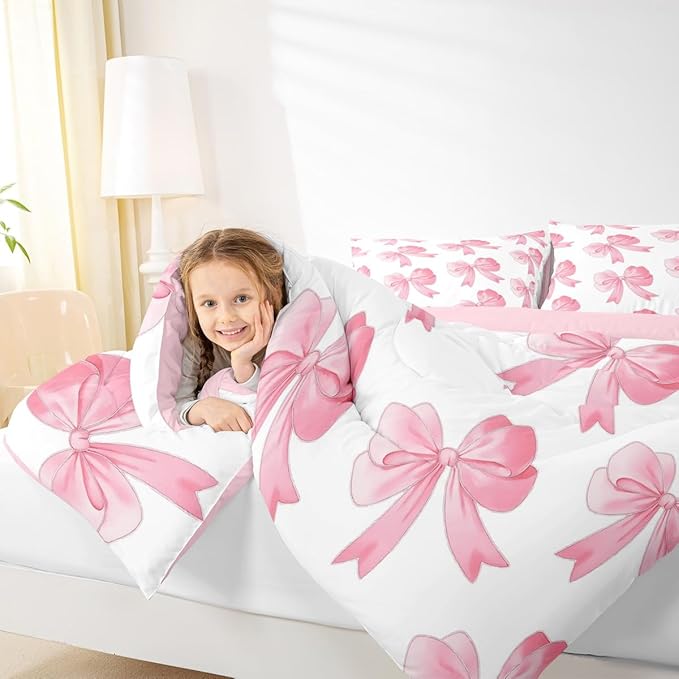 Erosebridal Pink Princess Bow Comforter Set Queen Cute Cartoon Bowknot Bedding Set for Kids Girls Teen Women,Romantic Coquette Bow Tie Comforter Girly Kawaii Butterfly Knot Bed Set
