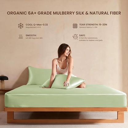 THXSILK Luxury Mulberry Silk Bed Sheets Set - 4pcs Silk Sheets Set 16" Deep Pocket - 1 Fitted Sheet, 1 Flat Sheet, 2 Pillowcases with Zipper Closure - King, Mint Green