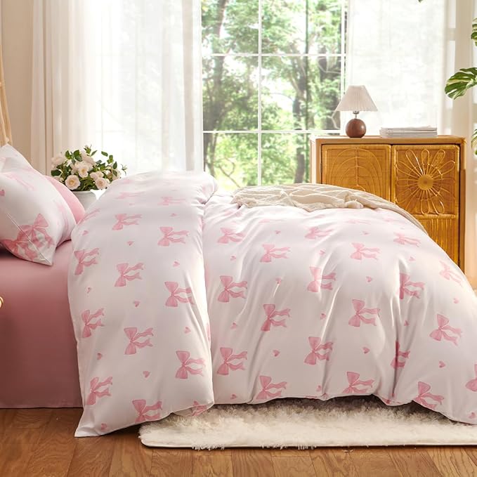 Bow Comforter Set Full 3 Pieces Light Pink Heart Bedding Set for Girls Kids,Cute Princess Style Bedding, Super Soft Microfiber Comforter with 2 Pillowcases