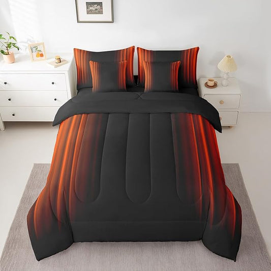 Feelyou Geometric Abstract Ombre Comforter Set with Sheets Kids Teens Orange Red and Black Striped Bedding Bed Set Decor Modern Fashion Bed in a Bag Bedroom Collection Twin Size