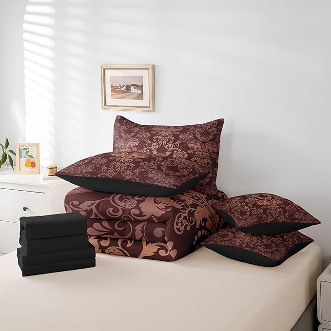 Erosebridal Gothic Damask Bed in a Bag Queen Comforter Set 7 Piece,Butterfly Skull Bedding Sets Brown Victorian Floral Goth Sheet Set with Comforter