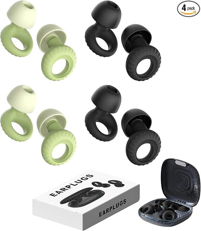Reusable Ear Plugs for Sleep, Concerts & Noise Reduction – Comfortable Silicone Noise Cancelling Earplugs, Washable Hearing Protection – 4 Pairs, Black + Green