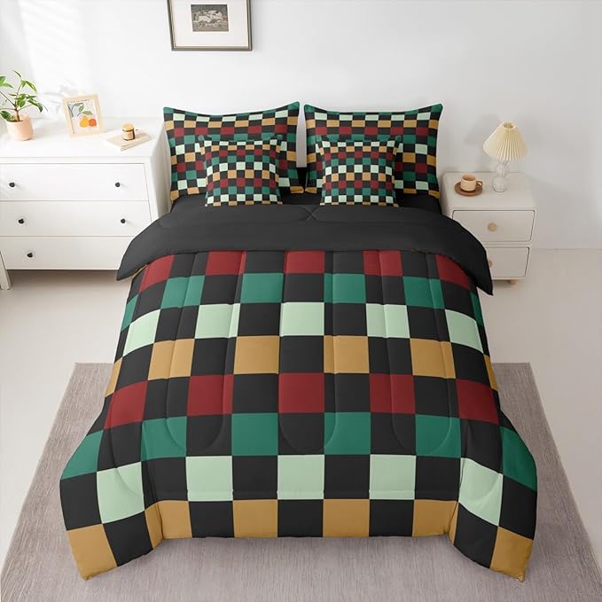 Checkered Retro Comforter Set with Sheets 7 Piece King Size Green Red Yellow Plaid Bedding Set for Kids Boys Girls Geometric Vintage Bed in a Bag Modern Simple Groovy Aesthetic Room Decor Soft
