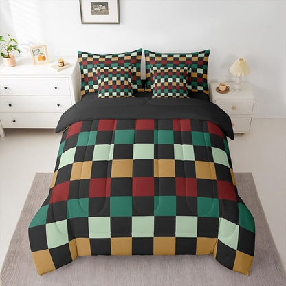 Checkered Retro Comforter Set with Sheets 7 Piece King Size Green Red Yellow Plaid Bedding Set for Kids Boys Girls Geometric Vintage Bed in a Bag Modern Simple Groovy Aesthetic Room Decor Soft