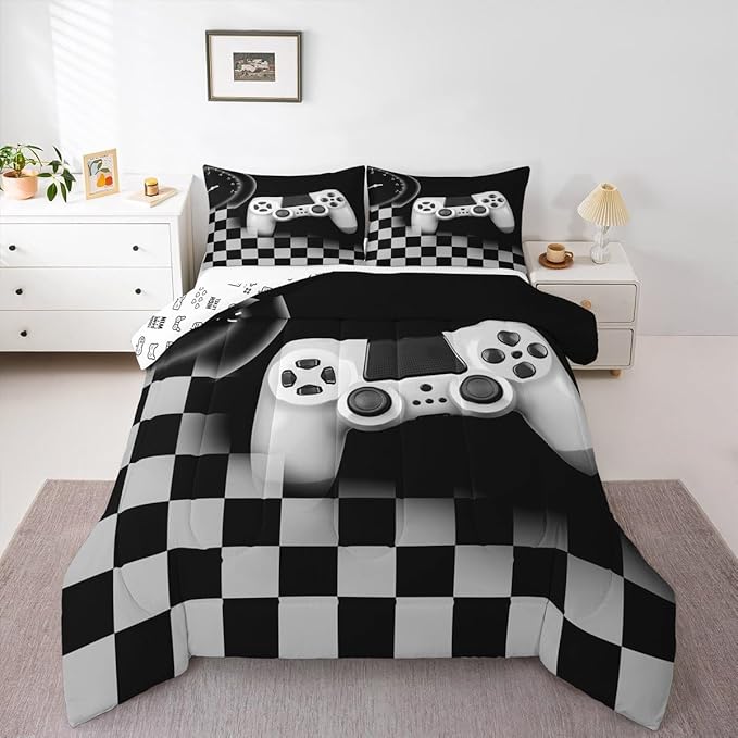 Gamer Comforter Set Twin,Gaming Bedding Set for Kids Teens Room Decor,Black and Grey Buffalo Plaid Reversible Bedding Set All Season Cozy,Novelty Gamepad Pattern Down Comforter 2pcs