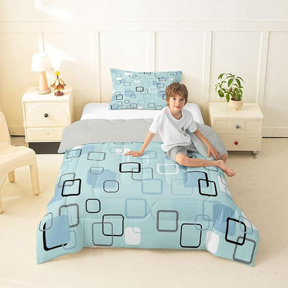 Erosebridal Aqua Geometric Square Bedding Set Twin Modern Stripes Aesthetic Comforter Set for Kids Girls Boys Modern Gradient Ombre Down Comforter Soft Teal Grid Quilt Duvet