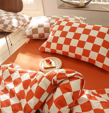 KAREVER Orange White Grid Comforter Set King Burnt Orange Plaid Bedding Set Women Reddish and White Checkered Bed Comforter Set Breathable Blanket Set Men Durable Bedding Comforter Set