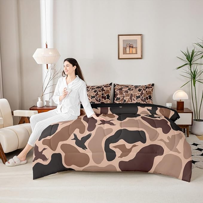 Erosebridal Duck Huner 7 Piece Bedding Set Twin Camo Comforter Set with Sheets Rustic Hunting Army Bed in a Bag Woodland Camouflage Military Bed Sets Comforter
