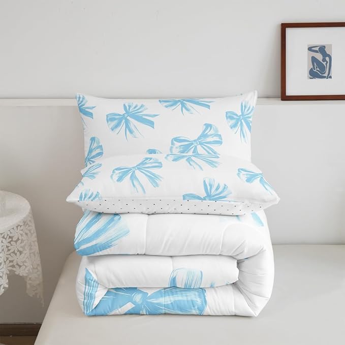 Erosebridal Bow Bedding Set Toddler Size,Blue Bowknot Comforter Set Bow Tie Bedding Comforter Sets for Kids Teen Adults Bedroom Decor,Watercolor Bowknot Blue White Duvet Insert
