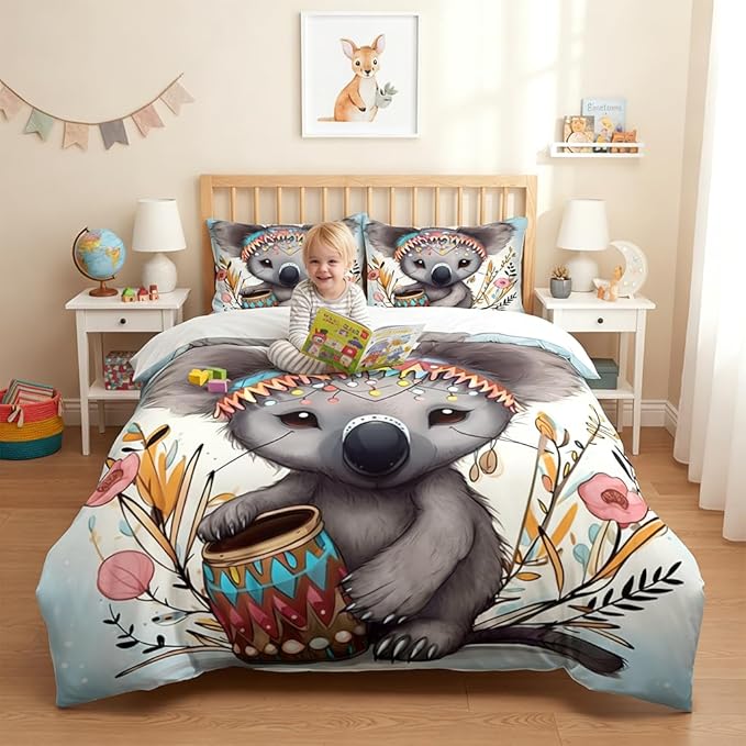 Cartoon Koala Comforter Set Full Size, Cute Animal Bedding Set, 3 Pieces Ethnic Tribal Bedroom Decor with 2 Pillowcases/79 * 90