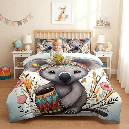 Cartoon Koala Comforter Set Full Size, Cute Animal Bedding Set, 3 Pieces Ethnic Tribal Bedroom Decor with 2 Pillowcases/79 * 90