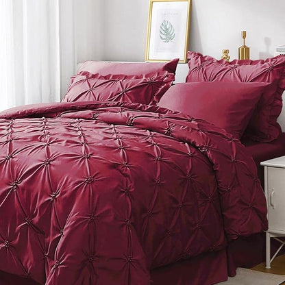 JOLLYVOGUE Dark Red Cal King Size Comforter Sets 7 Pieces, Pintuck Bed in a Bag Comforter Set for Bedroom, Bedding Comforter Sets with Comforter, Sheets,Ruffled Shams & Pillowcases