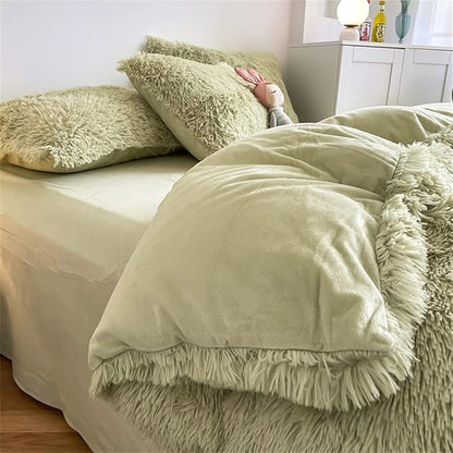 chovy Faux Fur Plush Light Green Comforter Sets King - Ultra Soft Shaggy Flannel Velvet Fluffy Fuzzy 3PC Bedding Set （Comforter x 1 Pillowcases x 2）