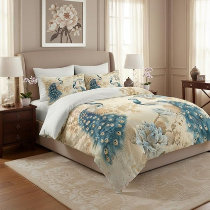 Peacock Comforter Set King Size, Oriental Birds Floral Soft Bedding Set with 2 Pillowcases, Great Bedroom Decor/104 * 90