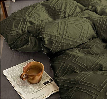 Nanko Queen Size Comforter Set Olive Green Tufted Jacquard Boho Geometry Soft Shabby Chic Down Alternative Microfiber Bedding - All Season Duvet Modern Farmhouse Bed Set Women Men 90x90 3pc Dark Green
