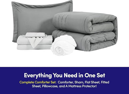 Twin Size Comforter Set Quilted Stripe Bedding Bundle – Stylish Set with Comforter, Mattress Protector, Sheet Set & Pillow Shams — Sophisticated Striped Design for Home & Guest Rooms, Gray/Silver