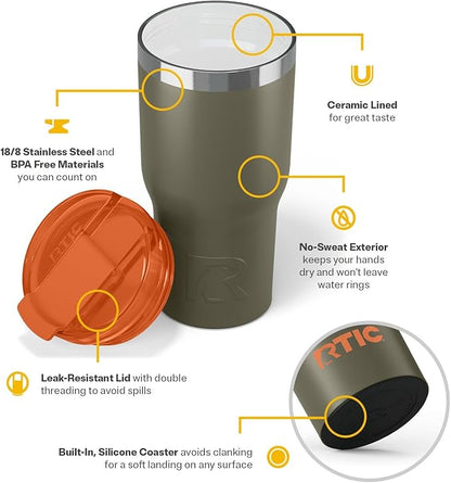 RTIC 20oz Essential Tumbler with Lid, Ceramic Lined, Insulated, Stainless Steel, Metal, Double Wall Vacuum-Insulation, Travel Cup for Iced Coffee, Tea, Hot and Cold Drink, Trailblazer