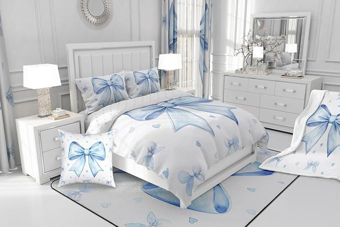 Erosebridal Cute Blue Bowknot Bedding Set Queen for Kids Girls Teen Women,Kawaii Dreamy Bow Comforter Set Princess Style Blue White Heart Decor Bedding Comforter Sets Soft Breathable Quilt Duvet