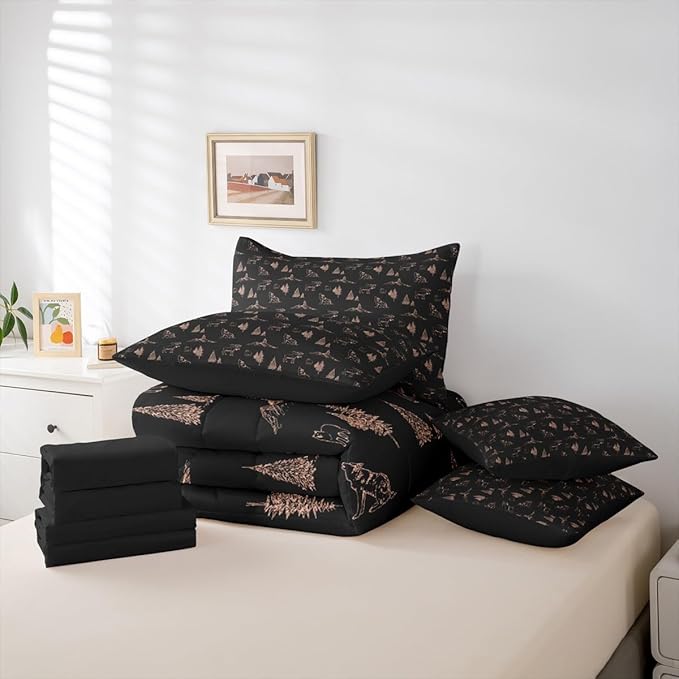 Erosebridal Woodland Animals 7 Piece Comforter Set Twin Size Bear Deer Wolf Hunting Theme Bedding Set for Kids Child | Rustic Cabin Lodge Decor Sheets Farmhouse Wildlife Mountain Black Brown Quilt