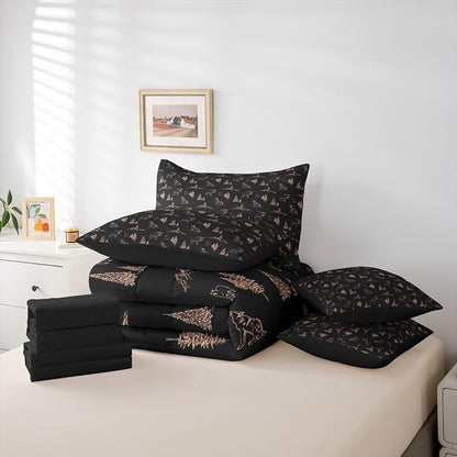 Erosebridal Woodland Animals 7 Piece Comforter Set Twin Size Bear Deer Wolf Hunting Theme Bedding Set for Kids Child | Rustic Cabin Lodge Decor Sheets Farmhouse Wildlife Mountain Black Brown Quilt