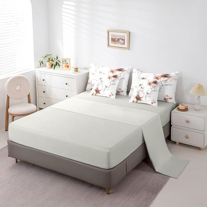 Erosebridal Light Brown Flower Full 7 Pcs Bedding Set, Boho Floral Comforter Set with Sheets, Watercolor Flower Chic Bed Sets for Women Adults Girls, Ink Painting Style Blossom & Leaf Bed in A Bag