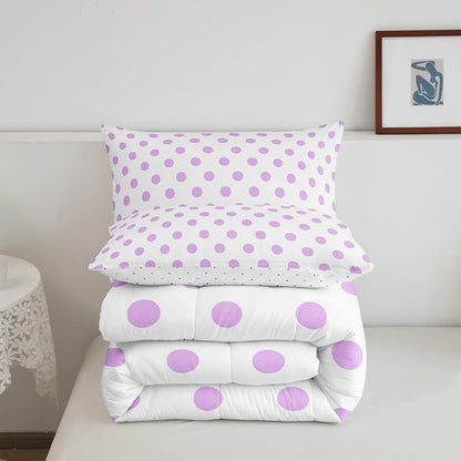Manfei Purple Polka Dots Young Comforter Set,Geometric Circles Purple White Simple Art Bedding Set All Season,French Style Dots Cartoon Cute Comforter 3 Pcs with 2 Pillowcases,Full Size